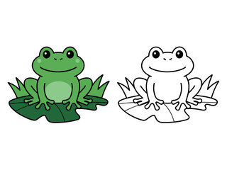 A cute green frog is depicted on a lily pad next to its outline for coloring, representing nature and creativity.