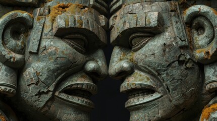 Ancient Stone Masked Sculpture Artwork