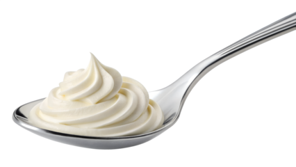 A delicious swirl of fresh white whipped cream sits on a metal spoon, perfectly isolated on a transparent background.