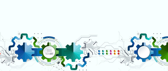 Obraz premium Stylized view of gears integrated with microcircuits. Concept of combining mechanics and electronics.