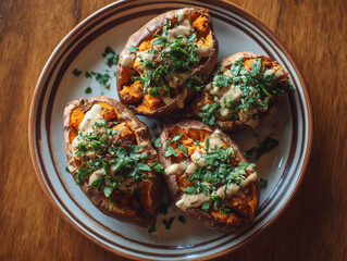 Stuffed sweet potatoes with tahini sauce, minimal warm-toned setting