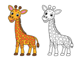 A colorful cartoon giraffe stands next to a black and white outline version of the same giraffe, ready for coloring.