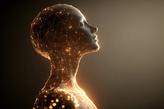 Digital art of a glowing humanoid figure in a serene pose against a soft backdrop