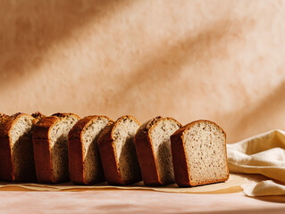 Vegan banana bread slices on a minimalist table, soft warm tones, uncluttered composition