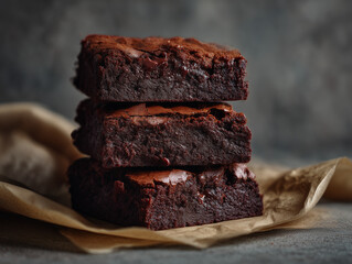 Vegan brownies on clean parchment paper, neutral tabletop, diffused high-end food lighting.