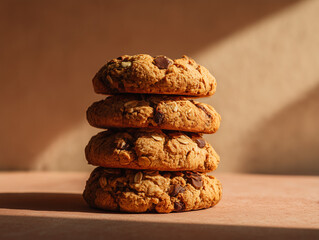 Vegan cookies on a minimal light table, warm afternoon glow, editorial clarity