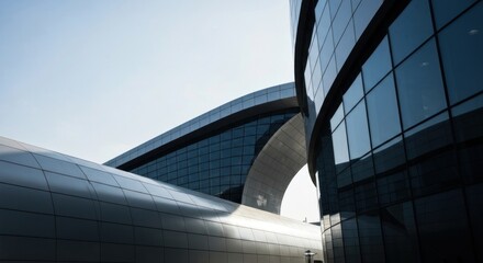 Modern building exterior, curved metal and glass against a clear blue sky