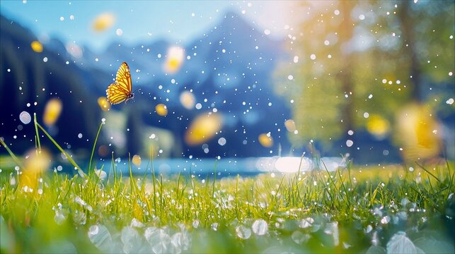 A beautiful butterfly flies over a lush green field with mountains in the background, bathed in sunlight. The scene evokes a sense of peace and tranquility.