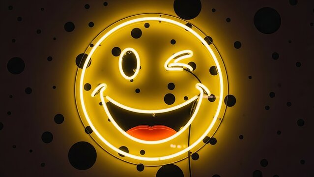 Bright yellow neon winking smiley face sign glowing in the dark