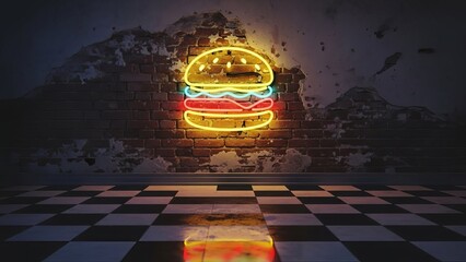 Neon hamburger sign glowing brightly against a dark, textured brick wall
