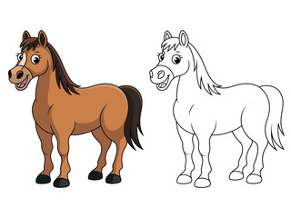 A cute cartoon horse is shown in two styles: one colored and one as an outline for coloring.