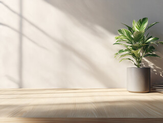 Workspace with light wooden surface and single indoor plant, soft winter light, editorial minimalism