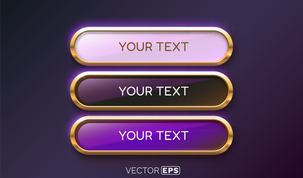 Set of three realistic glowing buttons with golden frames. Perfect for modern web elements or banners.