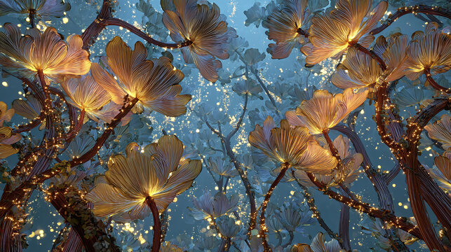 A surreal and enchanting scene of illuminated ethereal flower-like structures