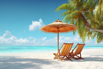Relaxing beach scene with sun loungers and palm trees on a sunny day by the ocean