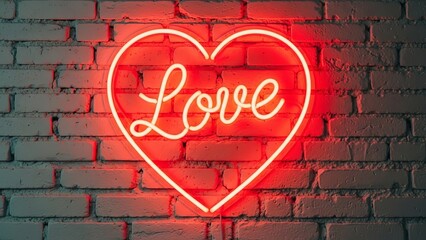 Red neon heart sign with the word love glowing on a brick wall