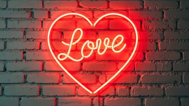 Red neon heart sign with the word love glowing on a brick wall - Powered by Adobe