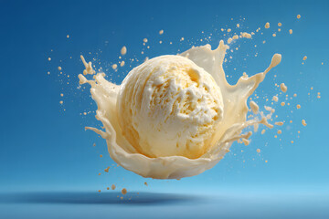 Delicious vanilla ice cream scoop splashes in creamy texture against a vibrant blue background