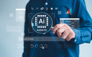 futuristic concept showing professional analyzing AI agents with digital interface, highlighting data processing, automation, intelligent systems,machine learning tools, advanced AI-driven technology.