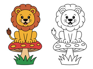 A cute cartoon lion sits on a mushroom, with a colored and a black and white version of the illustration for coloring fun.