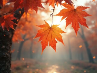 Autumn Maple Leaves Sunlit Forest Scene