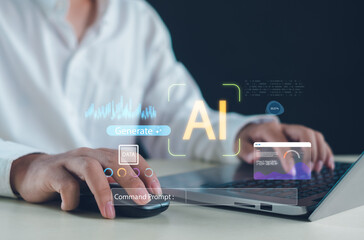 AI generation concept with professional using laptop to process data, run commands, create digital outputs, illustrating modern artificial intelligence workflows and innovative computing technology.