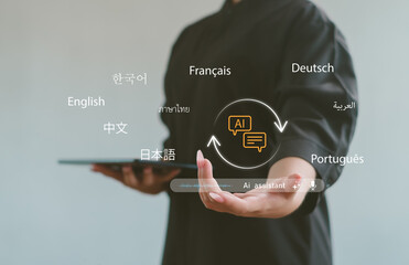 AI-powered multilingual communication concept showing diverse global languages around a digital assistant, illustrating translation technology, voice interaction, and modern global connectivity.