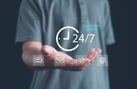 person presenting 24-7 customer service icons, symbolizing nonstop support, digital communication, and reliable assistance through chat, email, and phone for modern businesses.
