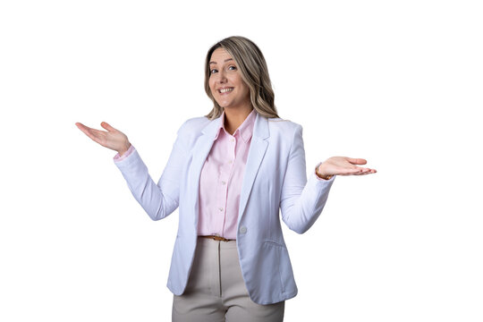Businesswoman shrugging with open arms expressing uncertainty