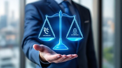 Lawyer hand presenting scale hologram with law regulation and data compliance symbol in modern office environment, digital justice balance concept in business technology setting