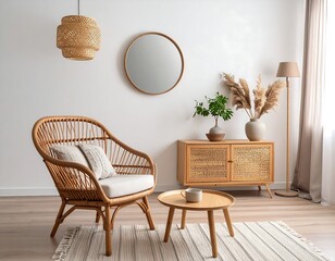 Cozy room with wicker chair, round mirror, woven cabinet, floor lamp, and beige rug. Soft natural light filters in