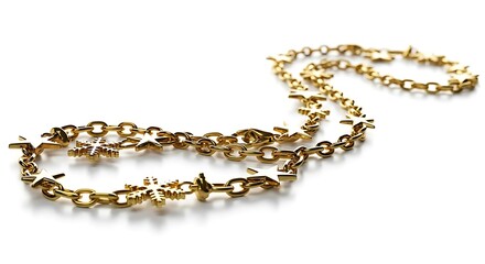 Elegant golden chain jewelry with star and snowflake charms on white background