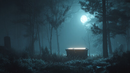 A mysterious scene of an illuminated object in a dark forest at night with a full moon