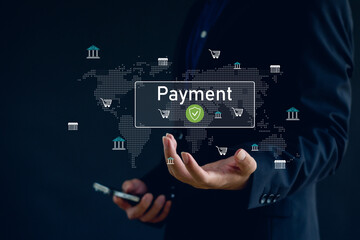 business person holding a digital payment icon with global financial symbols, representing secure online transactions, fintech solutions, e-commerce payments, and international digital banking.