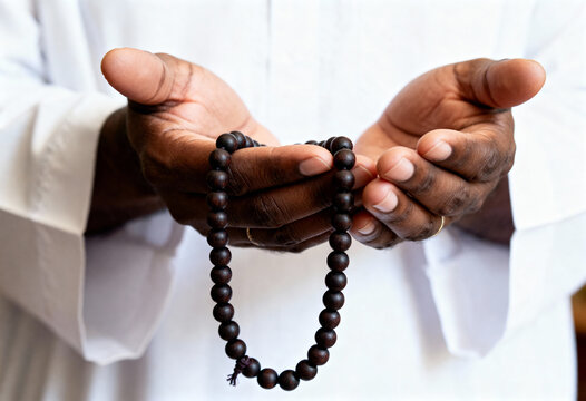 Adult male hands hold dark prayer beads or tasbih, symbolizing muslim pray and devotion on fathers day