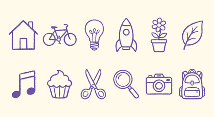 Fototapeta premium Lifestyle. Icon Set. A purple vector line art collection of modern hobby, tech, and creative icons for a website, a mobile app, a presentation, or a fun and creative design project.