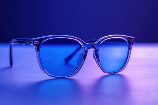 Stylish clear sunglasses with blue lenses in a blue-violet neon light