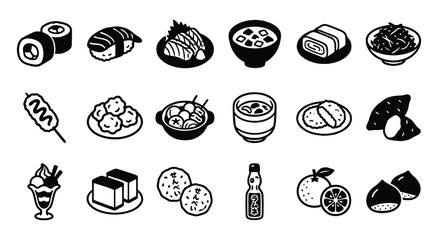 Japanese Food. Icon Set. A simple black and white vector collection of various Japanese dishes like sushi and takoyaki for a restaurant menu, a food blog, or a cultural design project.
