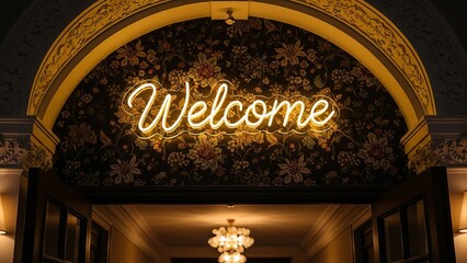 Neon welcome sign glowing above an ornate entryway arch in a hotel
