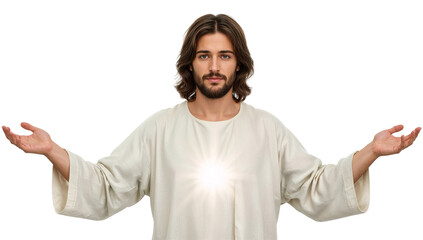 Serene portrayal of a man with outstretched arms embodying peace and enlightenment against a stark