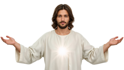 Serene portrayal of a man with outstretched arms embodying peace and enlightenment against a stark