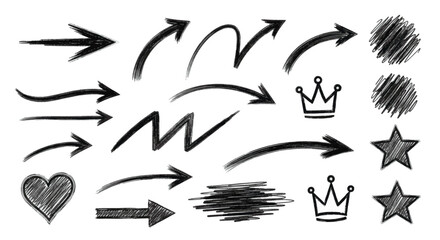 Collection of hand-drawn doodle vector graphic elements arrows, crowns, stars, heart, and textured lines, perfect for artistic design projects and annotations