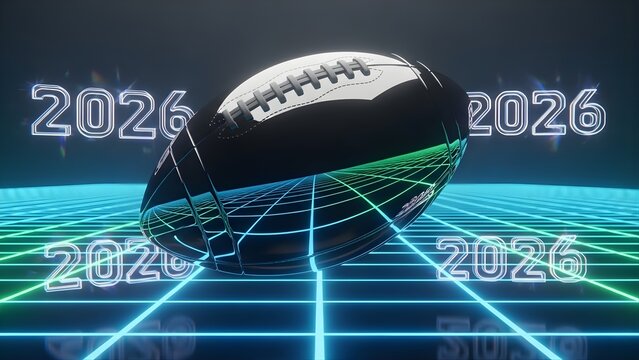 Futuristic American Football 2026 with Neon Grid and Glowing Numbers - Powered by Adobe