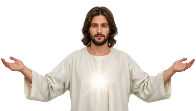 Serene portrayal of a man with outstretched arms embodying peace and enlightenment against a stark