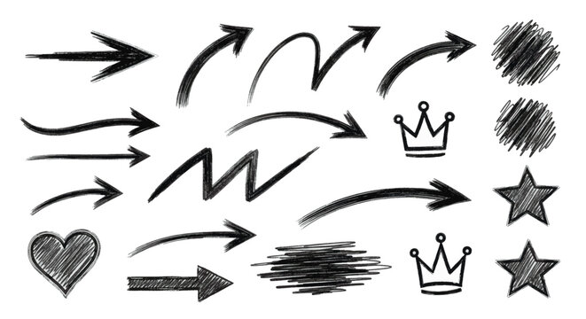 Collection of hand-drawn doodle vector graphic elements arrows, crowns, stars, heart, and textured lines, perfect for artistic design projects and annotations