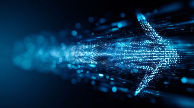 Digital glowing arrow shape moves quickly through a dark blue technological space