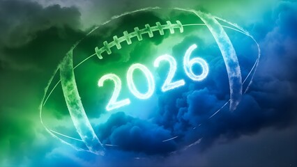 Glowing 2026 American Football in Vibrant Green and Blue Cloud Sky