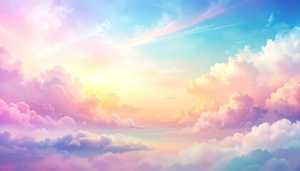 Dreamy skyscape with soft pastel clouds in pink, blue, and yellow hues, bathed in warm, bright sunlight