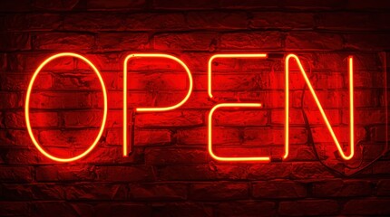 Bright Neon Open Sign on Brick Wall