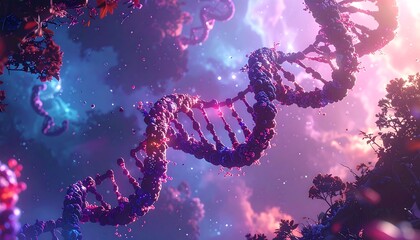 DNA structure against vibrant celestial clouds, trees, and sky blend in a dreamlike fusion of science and nature